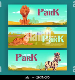 Safariparkplakate mit Zebra, Tiger und Löwe in der Savanne. Vektor-Einladung Flyer zu exotischen Tour in Savanne mit Cartoon-Illustration von afrikanischen Tieren im Naturpark Stock Vektor