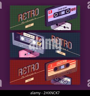 Retro-Mixtapes Cartoon-Banner mit Audiokassetten. Mischen Sie Bänder, Medienspeicher für Musik und Sound. Hintergründe mit Vintage-Stil analoge Hipster-Geräte der achtziger Jahre Kultur, Vektor-Illustration Stock Vektor