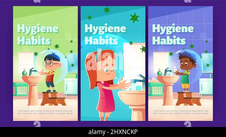 Poster zu Hygienegewohnheiten mit Kindern, die sich die Hände mit Seife waschen. Vector Banner der Gesundheitsversorgung und Prävention Infektion mit Cartoon-Illustration von Kindern waschen Hände in Waschbecken und Bakterien herumfliegen Stock Vektor