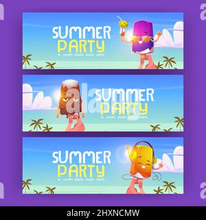 Sommerparty Flyer mit niedlichem Eis am Strand. Vektorplakate mit Cartoon-Illustration mit Hand halten Popsicle. Schokoladeneis auf Stick schmelzen, in Kopfhörern und Sonnenbrillen Stock Vektor