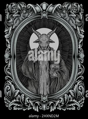 Illustration gruselig baphomet auf Gravur Ornament Stock Vektor