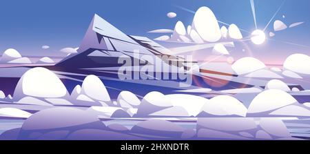 Tag blauer Himmel über Wolken mit Schnee Berggipfel und Sonne. Vektor-Cartoon-Illustration der Landschaft mit hohen schneebedeckten Felsen, flauschige weiße Wolken und Sonnenlicht Stock Vektor