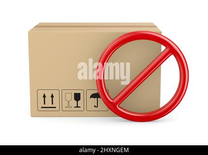 Frachtkasten und Schild auf weißem Hintergrund verboten. Isolierte 3D-Abbildung Stockfoto