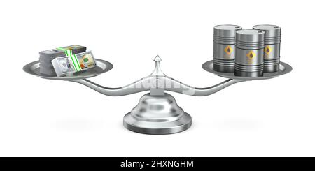 Ölfässer und Geld im Maßstab. Isolierte 3D-Abbildung auf weißem Hintergrund Stockfoto