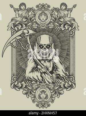 Illustration Todesengel mit Vintage Gravurrahmen Stock Vektor