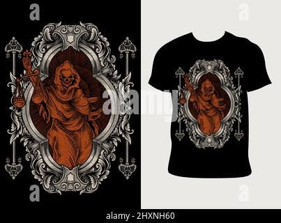 Illustration Gerechtigkeit Todesengel mit Vintage Gravur Ornament Stock Vektor