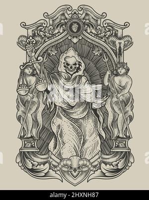Illustration Gerechtigkeit Todesengel mit Vintage Gravur Ornament Stock Vektor