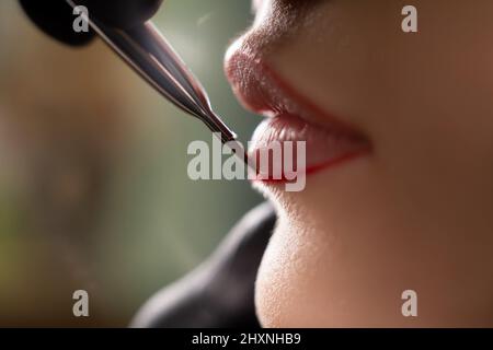 Nahaufnahme der weiblichen Lippen bevor der Meister in einem Schönheitssalon ein dauerhaftes Make-up aufträgt, legt er eine Kontur auf die Lippen. Weibliches Schönheitskonzept. Stockfoto