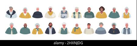 Avatare Satz von verschiedenen lächelnden älteren Menschen.Vektor flache Illustration. Stock Vektor