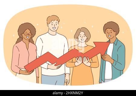 Lächelnde Menschen halten den Pfeil nach oben und zeigen die Entwicklung der Arbeit und den gemeinsamen Erfolg. Glückliche, multirassische Mitarbeiter haben ein gutes Ergebnis oder Teamwork zu bekrampfen. Collaboration-Konzept. Vektorgrafik. Stock Vektor