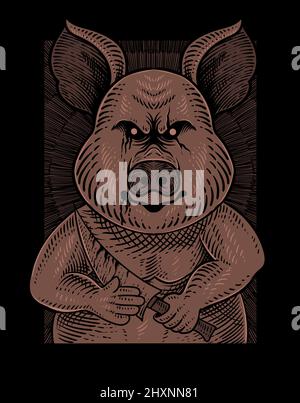 Illustration Vintage Psychopath Schwein mit Gravur Stil Stock Vektor