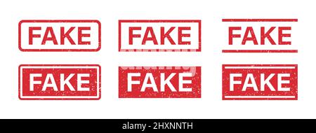 Gefälschtes Wort Grunge Gummistempel für Medien und Dokumente. Gefälschter Aufkleber. Symbol der Lügen. Grunge rotes Vintage Square Label. Vektorgrafik Stock Vektor