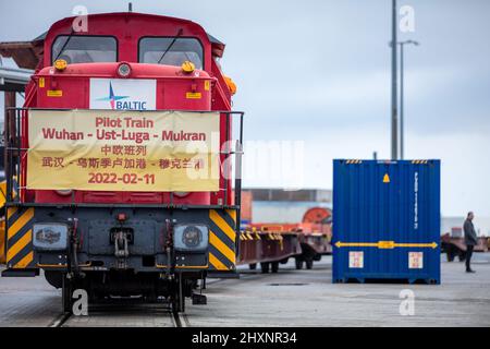 Mukran, Deutschland. 11.. Februar 2022. An einer Lokomotive hängt ein Transparent mit der Aufschrift „Fliegerzug Wuhan-USt-Luga-Mukran“, der die ersten Container einer neuen „Seidenstraße“ zwischen China und Deutschland durch den Seehafen Mukran zieht. Die Container aus dem chinesischen Wuhan decken einen Teil der Strecke auf dem Wasser ab und werden auf der Insel Rügen wieder auf Schienenfahrzeuge verladen. Quelle: Jens Büttner/dpa-Zentralbild/dpa/Alamy Live News Stockfoto