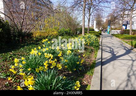 Menschen genießen einen hellen Märztag auf der Promenade Plantée, einem linearen Park in Paris, Frankreich. Stockfoto