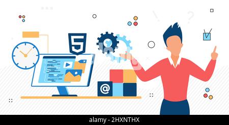 Website-Entwicklungsprozess, Schreiben von Code im Web-Studio, Online-Geschäft. Programmierer arbeitet an Internet-Projekt, Vektor-Illustration Stock Vektor