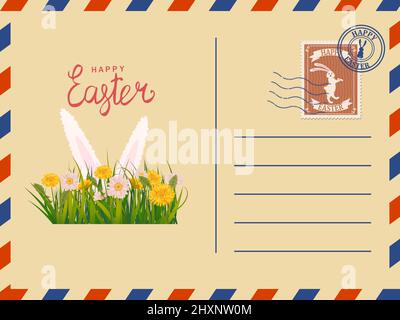 Osterumschlag Papierpost mit Osterhasen-Ohren, Stempel, Jahrgang. Vektorgrafik Stock Vektor