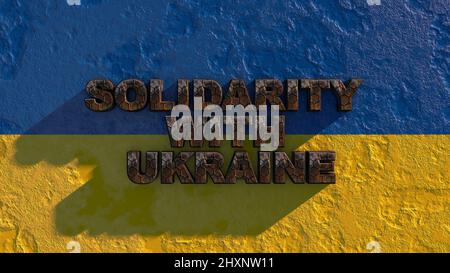 Die Inschrift in rostigen Buchstaben Solidarität mit der Ukraine auf der ukrainischen Flagge. Russische Aggression 3D renering Stockfoto