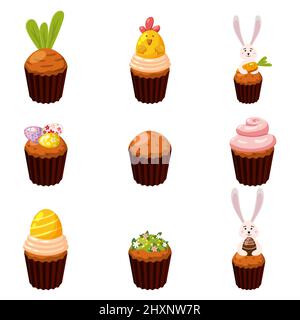 Set mit Osterbonbons Eier, Cupcake, Vogel, Hase, Bonbons, Kuchen. Sammeln Sie süße Speisen Stock Vektor