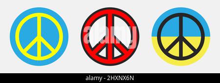 Symbole des Friedens und stoppen den Krieg in der Ukraine. Pazifismus runde Embleme. Zeichen für den Weltfrieden gesetzt. Anti-Krieg-Logos Kollektion. Beendigung der Feindseligkeit unter einem Stock Vektor