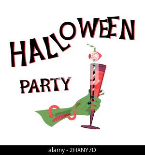 Poster zur Halloween-Party. Schriftzug, tote Zombie Hand hält blutigen Cocktail isoliert auf weißem Hintergrund. Flache Grafik Stockfoto