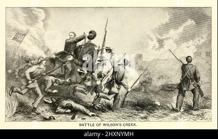 Schlacht am Wilson's Creek die Schlacht am Wilson's Creek, auch bekannt als die Schlacht von Oak Hills, war die erste große Schlacht des Trans-Mississippi Theaters des amerikanischen Bürgerkrieges. Es wurde am 10. August 1861 in der Nähe von Springfield, Missouri, gekämpft. Missouri war offiziell ein neutraler Staat, aber sein Gouverneur, Claiborne Fox Jackson, unterstützte den Süden und arbeitete heimlich mit konföderierten Truppen zusammen. Eine Geschichte der Arbeit der katholischen Schwesternschaften im späten Bürgerkrieg " von George Barton, Veröffentlicht 1898 in Philadelphia, Pennsylvania, von der Katholischen Kunst Publis Stockfoto