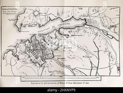 Karte von Sebastopol mit den östlichen Gegenansätzen aus dem Buch "Erinnerungen an den Krimkrieg, Januar 1855 bis Juni 1856" von Douglas Arthur Reid Erscheinungsdatum 1911 Herausgeber/Verlag St. Catherine Press London. Stockfoto