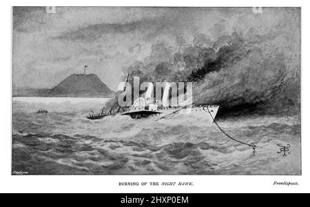 Burning of the Night Hawk aus dem Buch "Running the Blockade. Eine persönliche Erzählung von Abenteuern, Risiken und Fluchten während des amerikanischen Bürgerkrieges ' von Thomas E Taylor, Erscheinungsdatum 1897 Herausgeber London, J. Murray Stockfoto