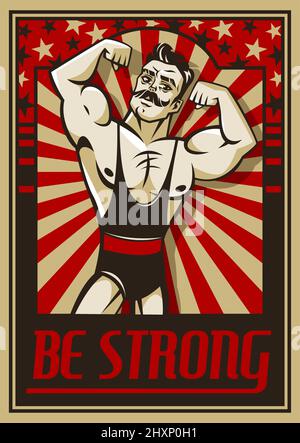 Man Gym Poster. Retro starker Mann Charakter, Sport Workout Werbung, muskulöser Kerl mit Schnurrbart, Bodybuilder Banner, Vintage-Stil Zirkus Athlet Stock Vektor