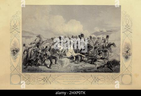 Britische leichte Kavallerie Angriff auf die russischen Waffen in der Schlacht von Balaklava Oktober 5. 1854 der Krimkrieg (1853-1856), aus dem Buch "die Geschichte des gegenwärtigen Krieges mit Russland : Mit allen Einzelheiten der Operationen der alliierten Armeen " von Henry Tyrrell, Erscheinungsdatum 1858 Verlag [London] : The London Printing and Publishing Company (Limited) Stockfoto