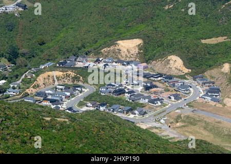 Wohnanlage in einem Tal in der Nähe von Ngaio, Wellington, Nordinsel, Neuseeland Stockfoto