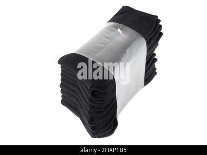 Pack von klassischen schwarzen Wadensocken isoliert auf weiß. Stockfoto