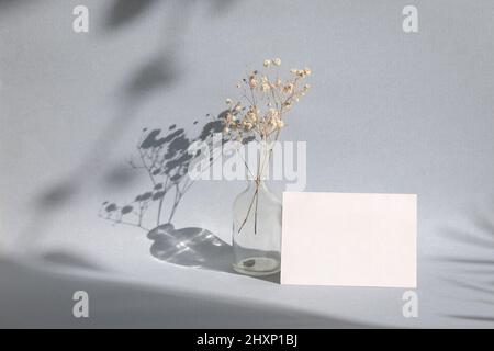 Leere Grußkarte neben getrockneten Baby Breath Blumen in einer Vase mit Schatten. Minimalistische Mock-up-Vorlage für Hochzeiten und Veranstaltungen. Stockfoto