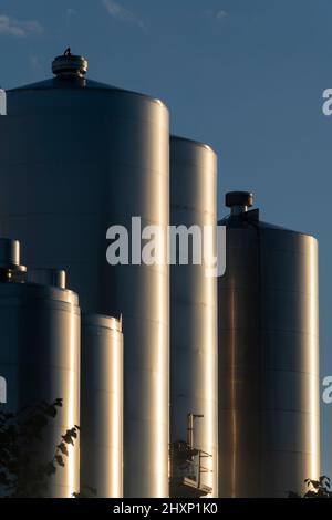Lagersilos in der Milchfabrik in der Nähe von Pahiatua, Bezirk Tararua, Nordinsel, Neuseeland Stockfoto