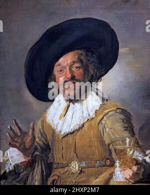 Der fröhliche Trinker; Ein Milizist, der einen Berkemeyer hält, der von Frans Hals (um 1582-1666) als ''fröhlicher Trinker'' bekannt ist.großer Meistermaler des Goldenen Zeitalters der Niederlande, der in Haarlem lebte und arbeitete. Stockfoto