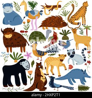 Set aus Dschungeltieren und exotischen tropischen Blättern. Afrikanische Tiere, Papageien, Leoparden, Bisons, Schildkröten, Hyäne, Strauß, Nilpferd und Palmen. Safari niedliche Tiere. Vektorgrafik. Stock Vektor