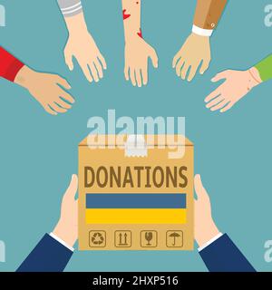 Spende an ukrainische Flüchtlinge. Vektor-Illustration mit flachem Design. Stock Vektor