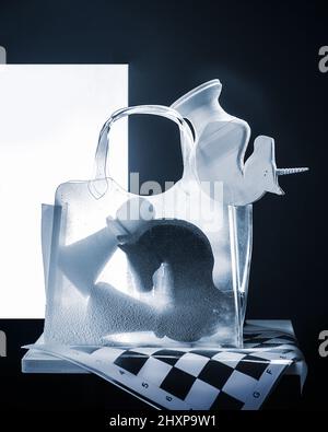 Schachkonzept, riesige Schachfiguren in einer transparenten Tasche, kontrastreiche schwarz-weiße Stillleben Stockfoto