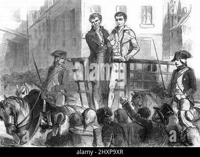 Affaire du Courrier de Lyon : Affaire criminelle Francaise survenue a l'epoque du gouvernement du Directoire qui regit la France depuis le 26 octobre 1795, meurtre du postillon et du convoyeur Charge de la securite du transportde la malle-poste qui va de Paris a Lyon - Joseph Lesurques, Condamne a mort, sera la victime d'une erreur judiciaire : Joseph lesurques emmene le jour de l'execution (Fall Courrier de Lyon: Strafverfahren in Frankreich Es ereignete sich während der Französischen Revolution in der Nacht vom 27. Auf den 28. April 1796 wurde ein Postauto vor Paris (Gemeinde Vert-Saint-Denis) von seve überfallen Stockfoto