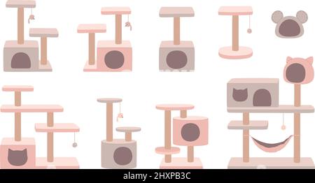 Katzenbaum mit Katzenhaus, Luxus-Tierzimmer nud Farbe. Katzenturm, Kratzbaum und Hängematte. Möbelset für Kätzchen. Flache Vektorgrafiken auf weißem Hintergrund isoliert. Stock Vektor