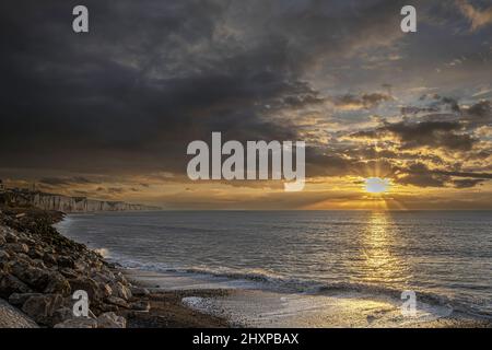 Coucher de Soleil Ault Onival, picardie, baie de Somme. Stockfoto