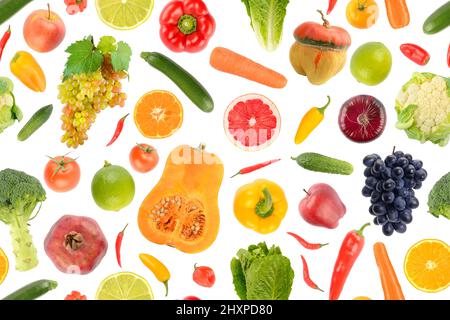 Nahtloses abstraktes Muster. Große Sammlung von Gemüse und Obst isoliert auf weißem Hintergrund. Stockfoto