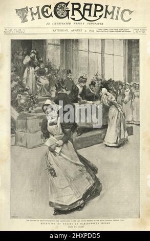 Vintage Gravur von viktorianischen Krankenschwestern Abschlusszeremonie, 19. Jahrhundert. Prinzessin von Wales verteilt Zertifikate im Marlborough House, 1895 Stockfoto