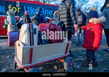 Barth, Deutschland. 14. März 2022. Vachtangi (4) kam mit seiner Mutter Halyna (nicht im Bild) als Kriegsflüchtlinge aus Lemberg mit dem Bus auf den Erlebnisreithof Bernsteinreiter Barth. Mehr als 20 Kriegsflüchtlinge sollen auf dem Gelände leben. Bisher haben mehr als eine Million Ukrainer ihre Heimat verlassen und sind zunächst in die Nachbarländer gegangen. Quelle: Stefan Sauer/dpa/Alamy Live News Stockfoto