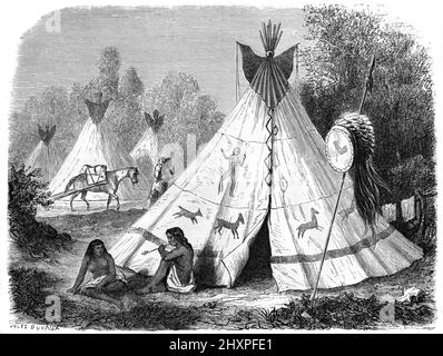 Comanche Indianerdorf oder Camp mit Tipis, Tepees oder Teepee, in der Great Plains Region USA, USA oder den Vereinigten Staaten von Amerika. Vintage Illustration oder Gravur 1860. Stockfoto