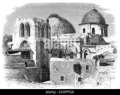 Die Grabeskirche, die den Glockenturm oder Glockenturm aus dem Jahr c12., die Rotunde und die catholicon-Kuppeln im christlichen Viertel der Altstadt von Jerusalem, Israel, zeigt. Vintage Illustration oder Gravur 1860. Stockfoto