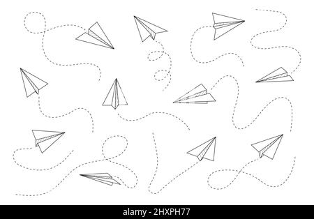 Ebenensymbol mit Flugverlaufsvektor. Papierflugzeug im handgezeichneten Stil. Umriss Papierflugzeug. Doodle-Nachricht, sms, E-Mail-Symbole. Stock Vektor