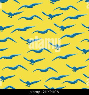 Nahtloses Muster der Möwen. Cartoon blaue Möwen fliegen auf gelbem Hintergrund. Seevektor endloses Muster Stock Vektor