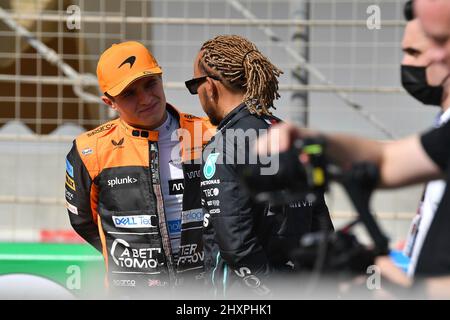 10.. März 2022, Bahrain International Circuit, Sakhir, Formel-1-Testfahrten in Bahrain 2022, im Bild Alle Fahrer stehen an ihren Fahrzeugen für die neuen Netflix-Dreharbeiten auf der Start-Ziel-Linie. Lando Norris (GBR), McLaren F1 Team, Lewis Hamilton (GBR), Mercedes-AMG Petronas Formel-1-Team Stockfoto