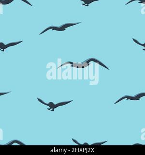Nahtloses Muster der Möwen. Dunkle Möwen fliegen auf hellblauem Hintergrund. Seevektor endloses Muster Stock Vektor