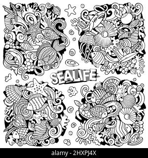 Sea Life Cartoon Vektor Doodle Designs Set. Skizzenhafte, detailreiche Kompositionen mit vielen Sealife-Objekten und Symbolen. Alle Elemente sind getrennt Stock Vektor